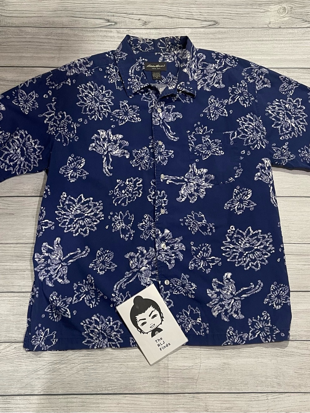 Eddie Bauer Blue Tropical Hibiscus Camp Shirt XL Hawaiian Button Up